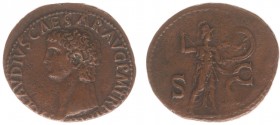 Claudius (41-54) - AE As (Rome c. AD 41-50, 10.35 g) - TI CLAVDIVS CAESAR AVG P M TR P IMP Bare head left / Minerva standing right, hurling javelin an...