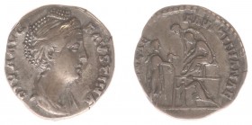 Faustina Mater - AR Denarius (Rome, struck under Antoninus Pius AD 141-146) - Draped bust right / PVELLAE FAVSTINIANAE Official seated left on a platf...