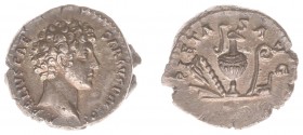 Marcus Aurelius (161-180) - AR Denarius (Rome, struck under Antoninus Pius AD 140-144, 3.39 g) - Bare head right / PIETAS AVG Emblems of priesthood: s...