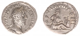 Lucius Verus (161-169) - AR Denarius (Rome AD 165, 3.32 g) - L VERVS AVG ARM PARTH MAX Laureate head right / TR P V IMP III COS II Parthia, draped, pe...