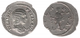 Julia Domna (+217) - AR Denarius (uncertain mint, probably after AD 211, 3.52 g) – IVLIA PIA FELIX AVG Draped bust right / HILARITAS Hilaritas standin...