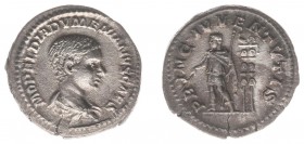 Diadumenianus (218) - AR Denarius (Rome AD 217, 3.15 g) - M OPEL DIADVMENIANVS CAES Bareheaded, draped bust right / PRINC IVVENTVTIS Diadumenianus sta...