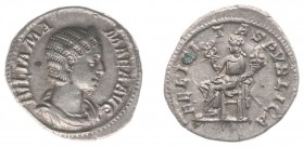 Julia Mamaea (+235) - AR Denarius (Rome AD 230, 2.86 g) - IVLIA MAMAEA AVG Diademed and draped bust right / FELICITAS PVBLICA Felicitas seated left, h...