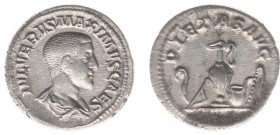 Maximus (235-238) - AR Denarius (Rome AD 235-236, 3.00 g) - IVL VERVS MAXIMVS CAES Draped bust right / PIETAS AVG Priestly emblems, sacrificial implem...