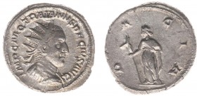 Traianus Decius (249-251) - AR Antoninianus (Rome AD 250, 5.48 g) - Radiate and cuirassed bust right / DACIA Dacia standing left, holding staff surmou...
