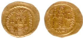 Maurice Tiberius (582-602) - AV Solidus (Constantinople AD 583-602, 4.35 g) - Pearl-diademed, helmeted, draped and cuirassed bust facing, holding glob...