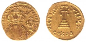 Constans II (641-668) - With Constantine IV - AV Solidus (Constantinople, 4.41 g) - Crowned and draped busts of Constans and Constantine facing, cross...