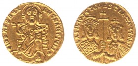 Basileos I The Macedonian (867-886) - With Constantine - AV Solidus (Constantinople AD 868-879, 4.38 g) - Christ, nimbate, seated facing on throne, ho...