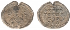 Leads and seals - Byzantine lead seal 10/11th century - Obv. Bust St. Nicolaus holding book and raising hand / Rev. Invocative inscription - lead 23 m...