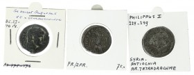 Roman coinage - A small lot of 3 ancient Roman Provincial coins: 2 x AR Tetradrachm Antioch (Philippus I and Caracalla) and 1 x AE Augustus (SC in wre...