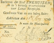 Netherlands - Assignaat Enkhuizen - Stedelijk recepis van 4½ stuivers 1795 - gedrukt in zwart (Pick B40, Kolsky 84) – ingevuld nummer 3037, datum 15de...