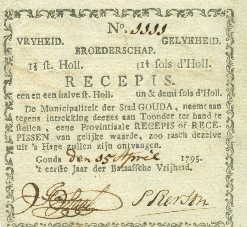 Netherlands - Assignaat Gouda - Stedelijk recepis van 1½ stuiver 1795 – gedrukt ...