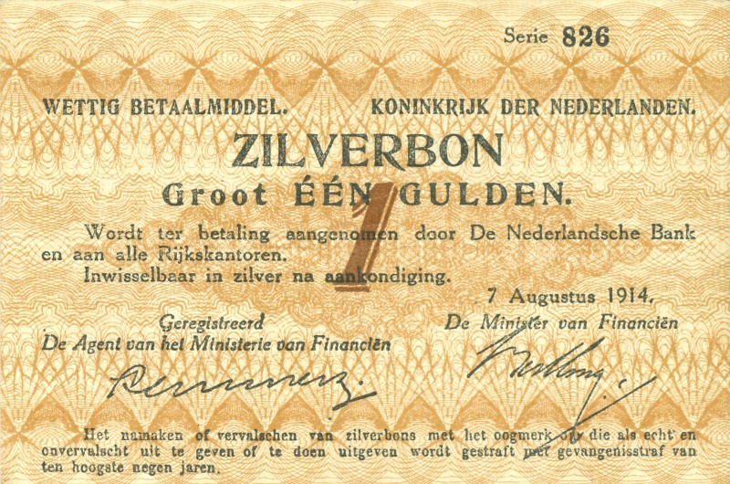 Netherlands - 1 Gulden 1914 Zilverbon (Mev. 01-1c / AV 1.1c) serie 826 - met dee...