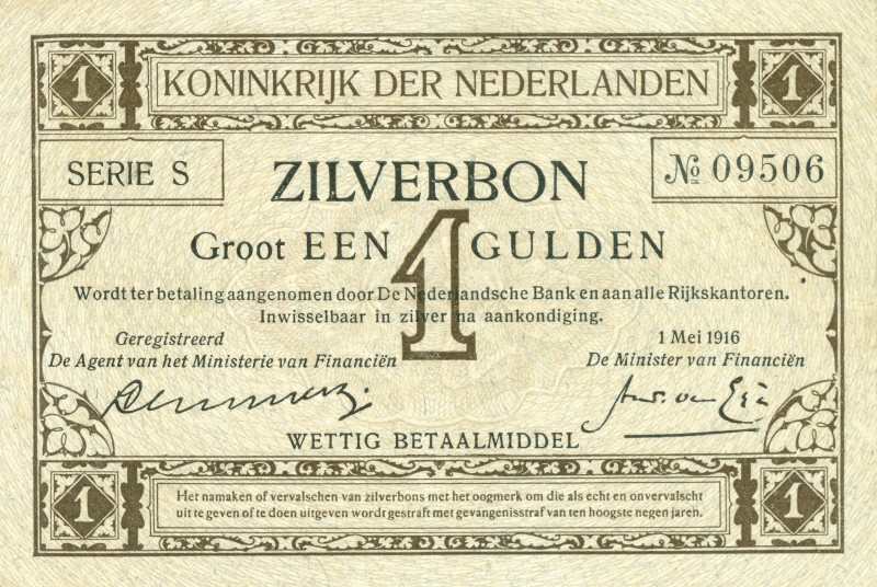 Netherlands - 1 Gulden 1916 Zilverbon (Mev. 02-1a / AV 2.1a / PL2.a1) - # S 0950...