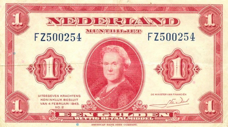 Netherlands - 1 Gulden 1943 Muntbiljet Wilhelmina (Mev. 05-1 / AV 5.1 / PL5.b) -...