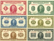 Netherlands - 1 + 2½ + 10 + 25 + 50 + 100 Gulden 1943 muntbiljet Wilhelmina (Mev. 05-1, Mev. 14-1, Mev. 44-1, Mev. 79-1, Mev. 98-1 en Mev. 118-1 / AV ...