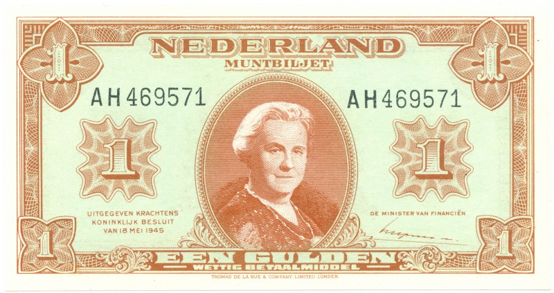 Netherlands - 1 Gulden 1945 Muntbiljet (Mev. 06-1b / AV 6.1b) - serie AH - UNC/U...