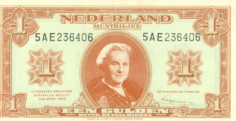 Netherlands - 1 Gulden 1945 Muntbiljet (Mev. 06-1c / AV 6.1c.1) - UNC-