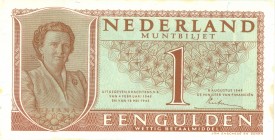 Netherlands - 1 Gulden 1949 Muntbiljet (Mev. 07-1b / AV 7.1b) - 3 letters 6 cijfers # BQE- UNC-, met kleine bruine vlek aan de rand