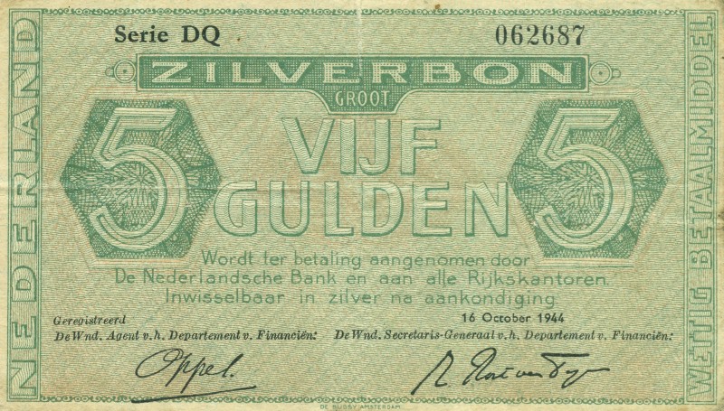 Netherlands - 5 Gulden 1944 Zilverbon (Mev. 22-1d / AV 17.1b.3) - zonder No. voo...
