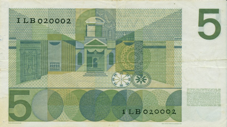 Netherlands - 5 Gulden 1966 Vondel I (Mev. 23-1a / AV 18.1a) - met leuk serienum...
