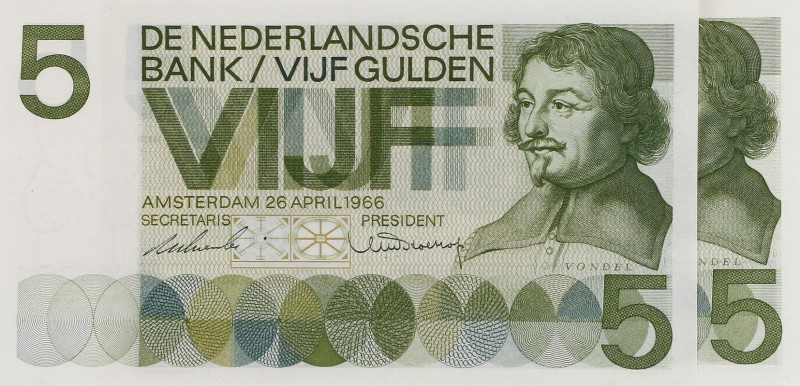 Netherlands - 5 Gulden 1966 Vondel I (Mev. 23-1a / AV 18.1a) - UNC / Totaal 2 st...