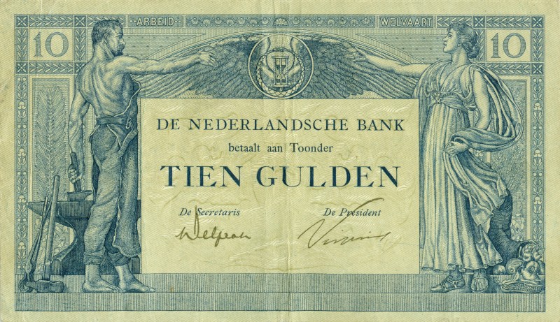 Netherlands - 10 Gulden 1921 Arbeid en Welvaart II (Mev. 38-1b / AV 27.1b.2) - s...