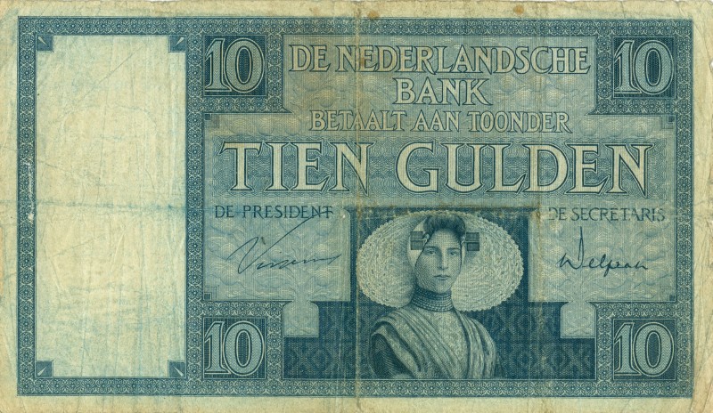 Netherlands - 10 Gulden 1924 Zeeuws Meisje (Mev. 39-3a / AV 28.1d.19 / PL35.b19)...