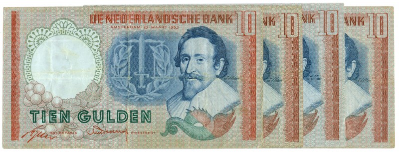 Netherlands - 10 Gulden 1953 Hugo de Groot (Mev. 48-1b / AV 36.1b) - Totaal 4 st...