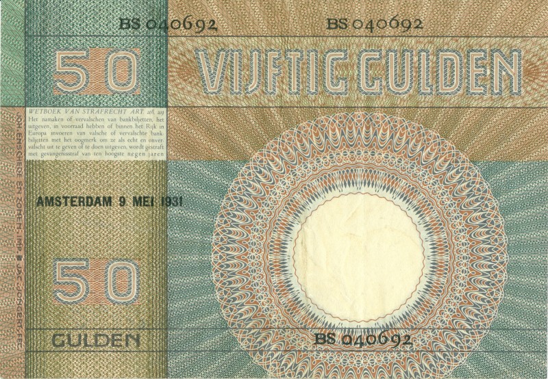 Netherlands - 50 Gulden 1929 (Mev. 96-1b / AV 64.1b.2) proefserie BS, papier met...