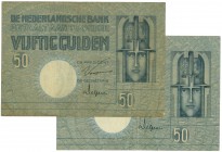 Netherlands - 50 Gulden 1929 Minerva (Mev. 96-1a +1b /AV 64.1a + 1b) - handtekeningen in bruin/zwart en blauw - Totaal 2 stuks in FR en F/ZF