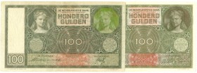 Netherlands - 100 Gulden 1930 (Mev. 117-3 / AV 81.3a) - met vrouwenkop rechts in GROEN - ZF / 2e exemplaar (Mev. 117-5) toegevoegd ter vergelijking