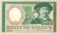 Netherlands - 1000 Gulden 1956 Rembrandt (Mev. 154-1 / AV 108.1b) - 4 mm. scheurtje in bovenrand - lang en interessant laag serienummer DV 000014 - ZF