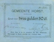 Netherlands - Noodgeld - Horst - Gemeentelijk Noodgeld WO I - 2.50 Gulden 1 januari 1915 (V. 17.2 / PL595.2.1) - Op dun blauw karton in zwart gedrukt ...