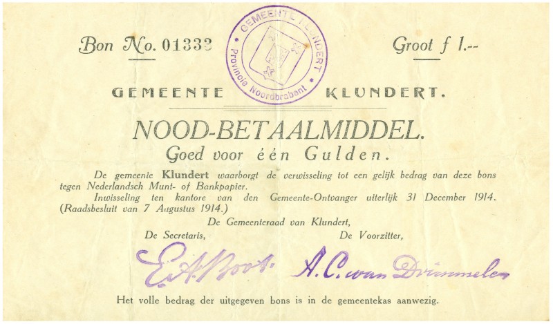 Netherlands - Noodgeld - Klundert - Gemeentelijk noodgeld WO I - 1 Gulden 7 augu...