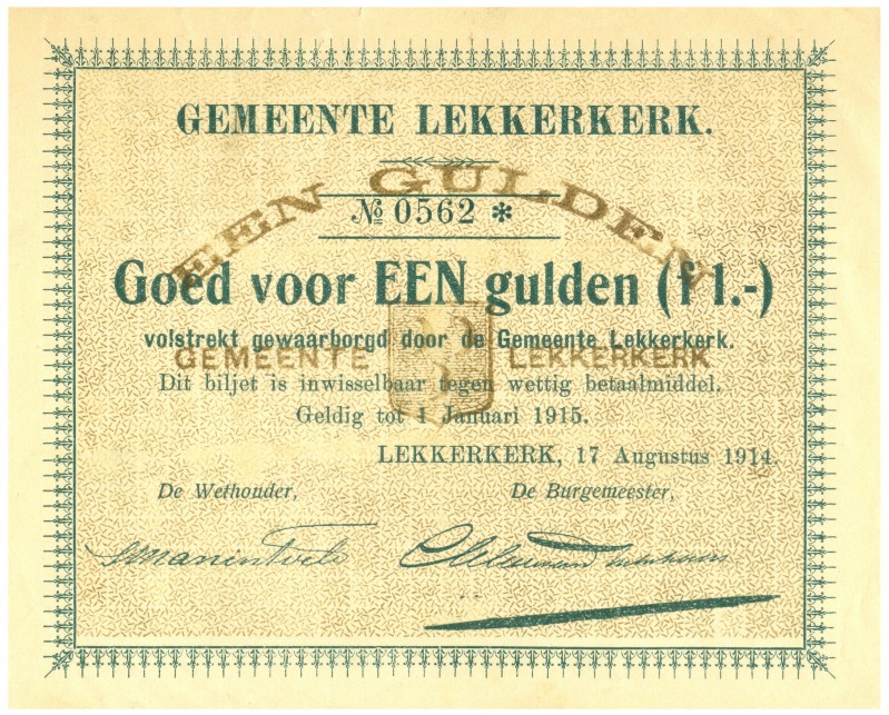 Netherlands - Noodgeld - Lekkerkerk - Gemeentelijk noodgeld WO I - 1 Gulden 17 a...