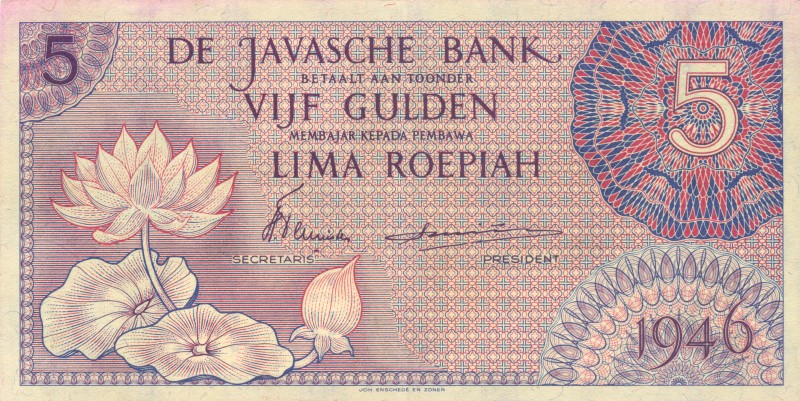 Dutch Indies - 5 Gulden 1946 violet (P. 87 / Mev. 148a) met 2 serieletters - PR+