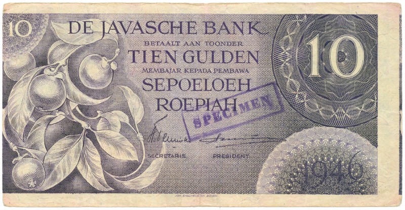 Dutch Indies - 10 Gulden 1946 met op voor- en keerzijde hand gestempeld SPECIMEN...