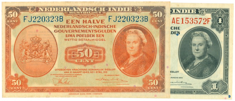 Dutch Indies - 50 Cent 1943 MISDRUK met bruine rand + 1 Gulden 1943 (P. 110 + 11...