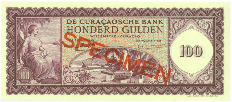 Curaçao - De Curaçaosche Bank - 100 Gulden 1958 SPECIMEN diagonaal in rood op VZ...