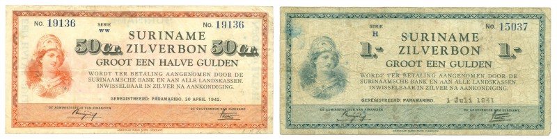 Suriname - 50 Cent 30.4.1942 (P. 104c / PLS12.1b) + 1 Gulden 1.7.1941 Zilverbon ...