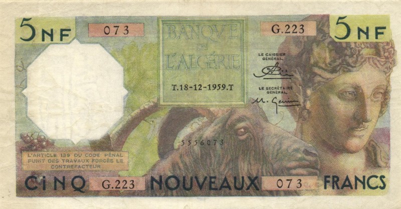 World Banknotes - Algeria - 5 Nouveaux Francs 18.12.1959 Ram at bottom center (P...