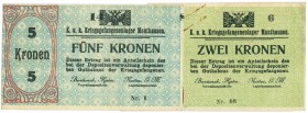 World Banknotes - Austria - Mauthausen POW camp WW I - 2 Kronen ND (1914-1918) (Campbell 1418) - top left corner missing - VF + 5 Kronen ND (1914-1918...