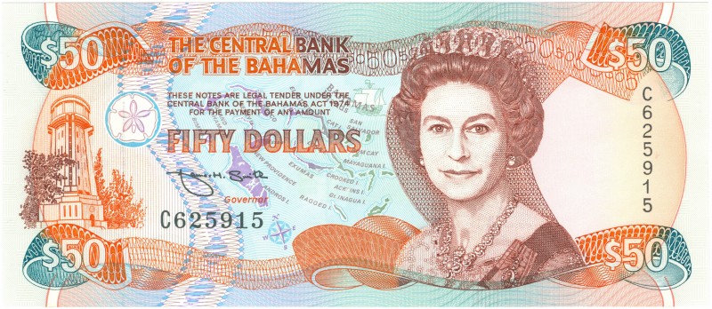 World Banknotes - Bahamas - 50 Dollars L.1974 (1992) Portrait Queen Elizabeth II...