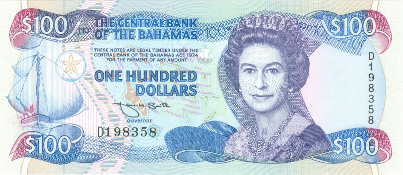 World Banknotes - Bahamas - 100 Dollars L.1974 (1992) Portrait Queen Elizabeth I...