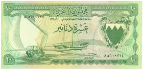 World Banknotes - Bahrain - 10 Dinars L.1964 Dhow at left, arms at right (P. 6a) - VF