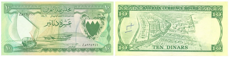 World Banknotes - Bahrain - 10 Dinars L.1964 Dhow at left, arms at right (P. 6a)...