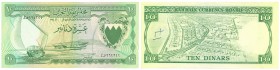 World Banknotes - Bahrain - 10 Dinars L.1964 Dhow at left, arms at right (P. 6a) - graffiti '17' on back - VF/XF