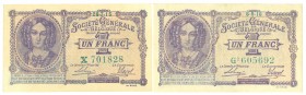 World Banknotes - Belgium - 1 Franc 28.7.1915 + 1 Franc 8.9.1916 (P. 86a-86b / Ros. 433) - a.UNC + XF / Total 2 pcs.