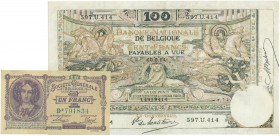 World Banknotes - Belgium - 1 Franc 5.9.1916 (P. 86b) - XF/UNC + 100 Francs 10.9.1914 (P. 78) - pressed - VF/XF - Total 2 pcs.